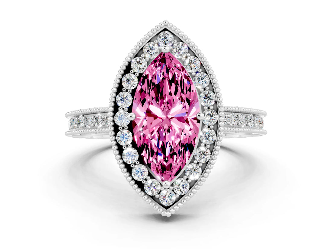 White gold Marquise Cut Halo Diamond Engagement Ring with Milgrain Pave Band and Four-Prong Setting