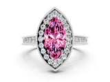 White gold Marquise Cut Halo Diamond Engagement Ring with Milgrain Pave Band and Four-Prong Setting