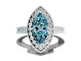 White gold Marquise Cut Halo Diamond Engagement Ring with Milgrain Pave Band and Four-Prong Setting