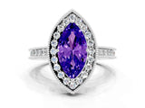 White gold Marquise Cut Halo Diamond Engagement Ring with Milgrain Pave Band and Four-Prong Setting