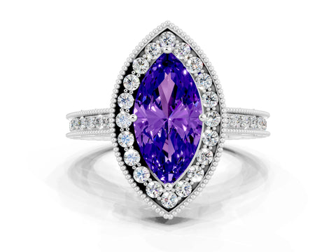 White gold Marquise Cut Halo Diamond Engagement Ring with Milgrain Pave Band and Four-Prong Setting