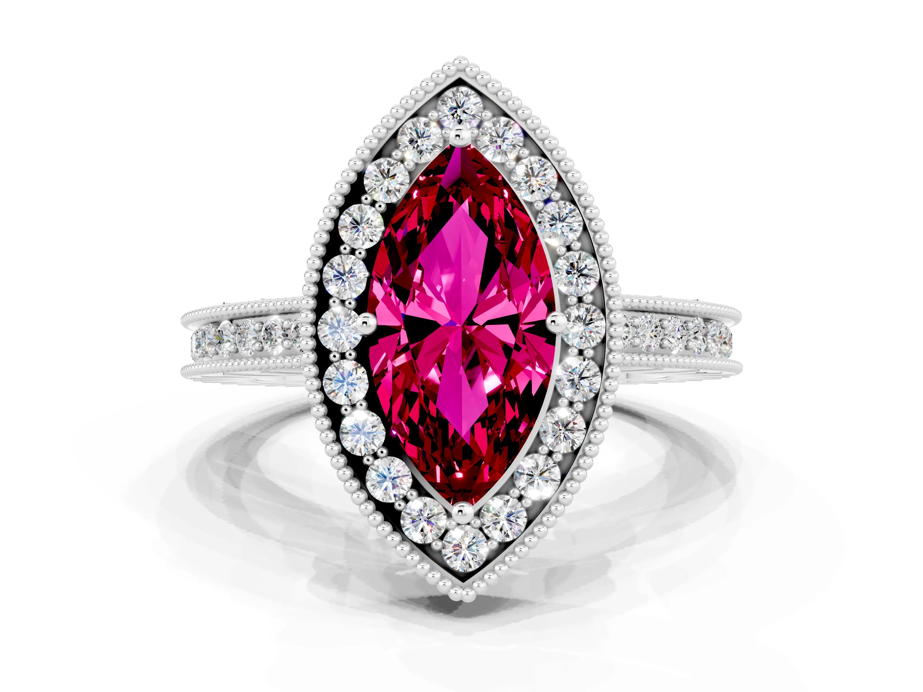White gold Marquise Cut Halo Diamond Engagement Ring with Milgrain Pave Band and Four-Prong Setting
