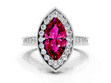 White gold Marquise Cut Halo Diamond Engagement Ring with Milgrain Pave Band and Four-Prong Setting
