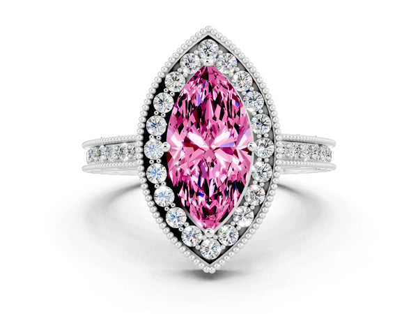 Silver Marquise Cut Halo Diamond Engagement Ring with Milgrain Pave Band and Four-Prong Setting