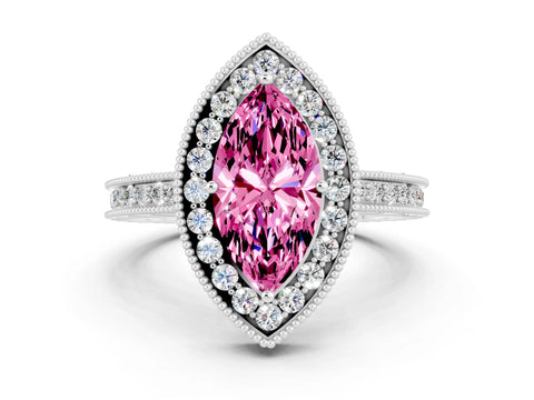 White gold Marquise Cut Halo Diamond Engagement Ring with Milgrain Pave Band and Four-Prong Setting