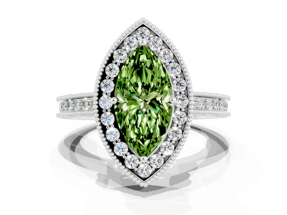 White gold Marquise Cut Halo Diamond Engagement Ring with Milgrain Pave Band and Four-Prong Setting