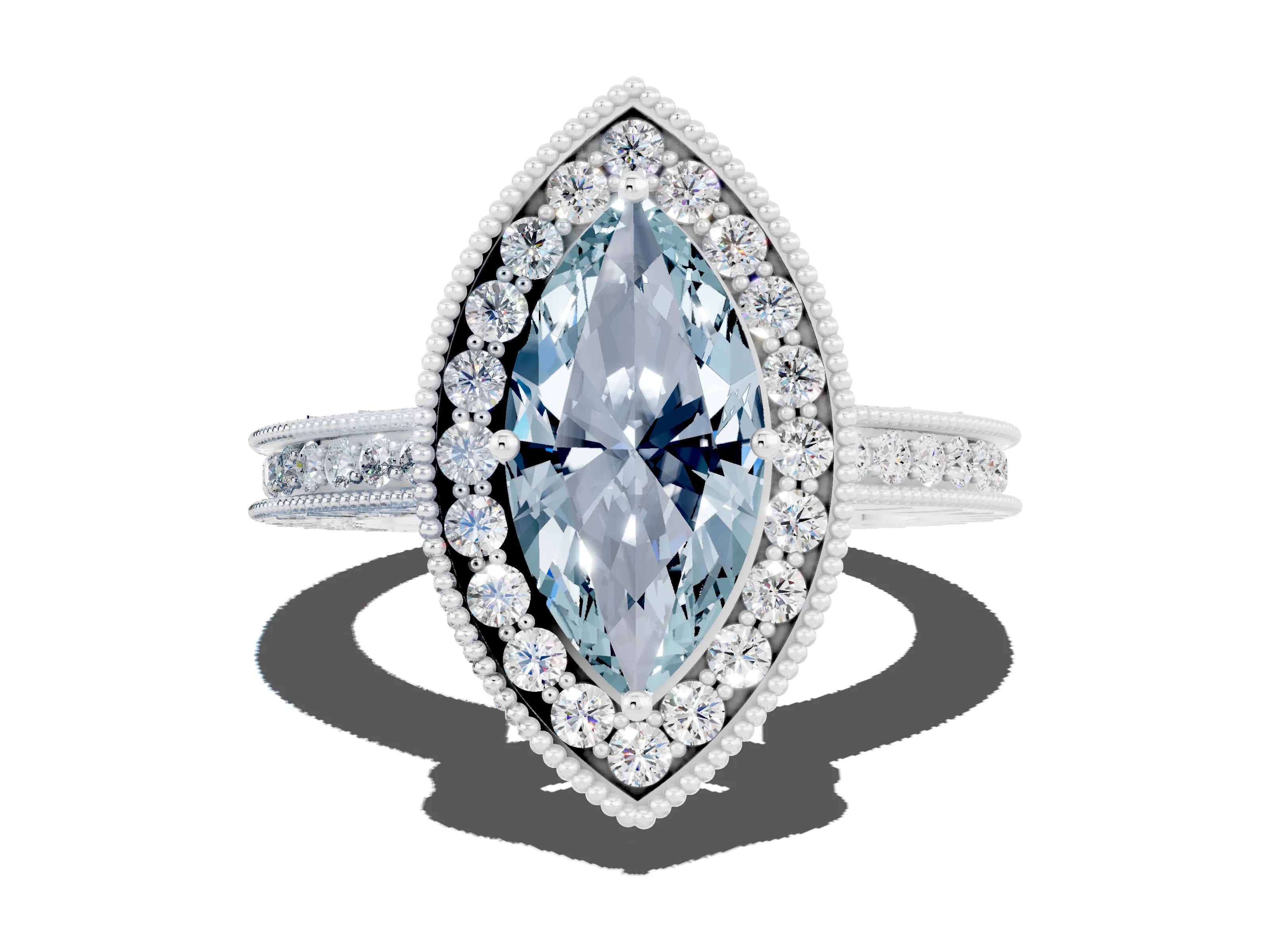 White gold Marquise Cut Halo Diamond Engagement Ring with Milgrain Pave Band and Four-Prong Setting