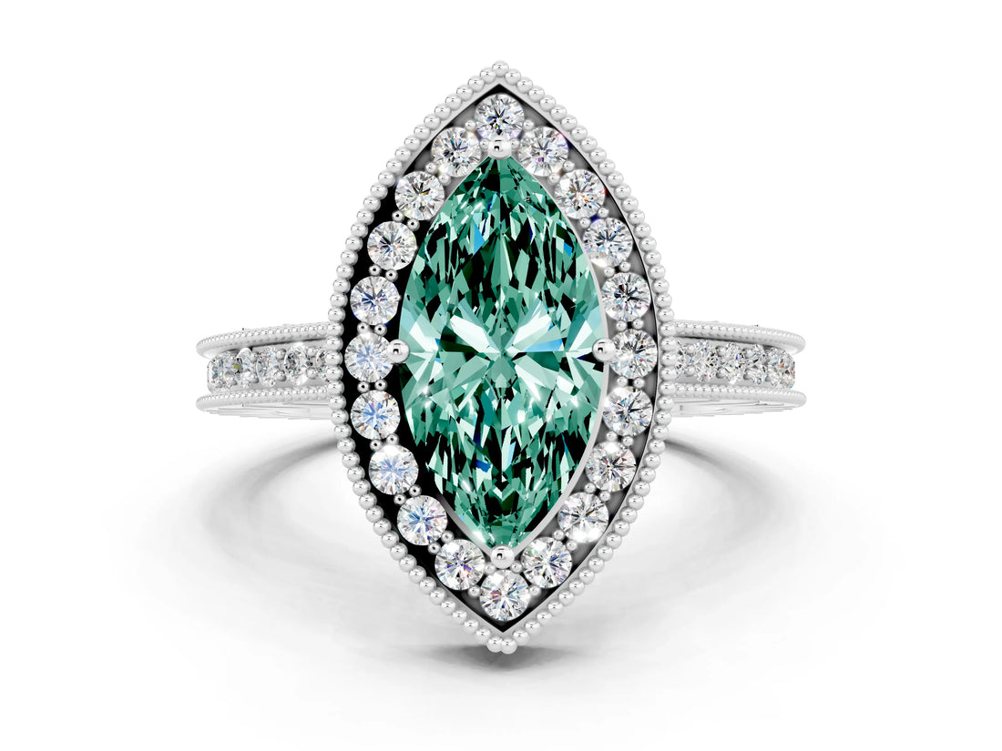 White gold Marquise Cut Halo Diamond Engagement Ring with Milgrain Pave Band and Four-Prong Setting