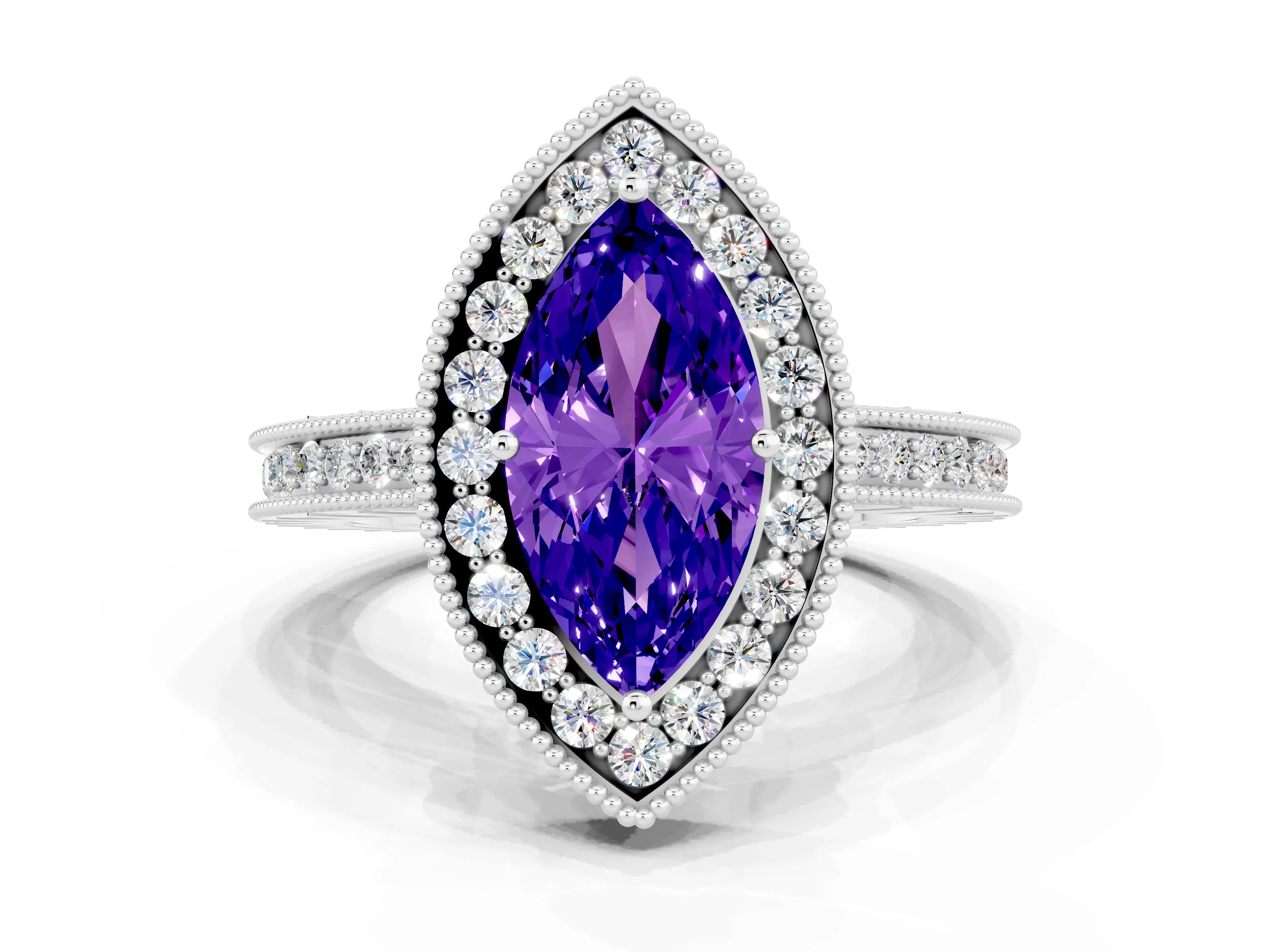 White gold Marquise Cut Halo Diamond Engagement Ring with Milgrain Pave Band and Four-Prong Setting