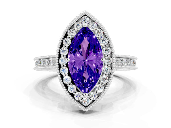Silver Marquise Cut Halo Diamond Engagement Ring with Milgrain Pave Band and Four-Prong Setting