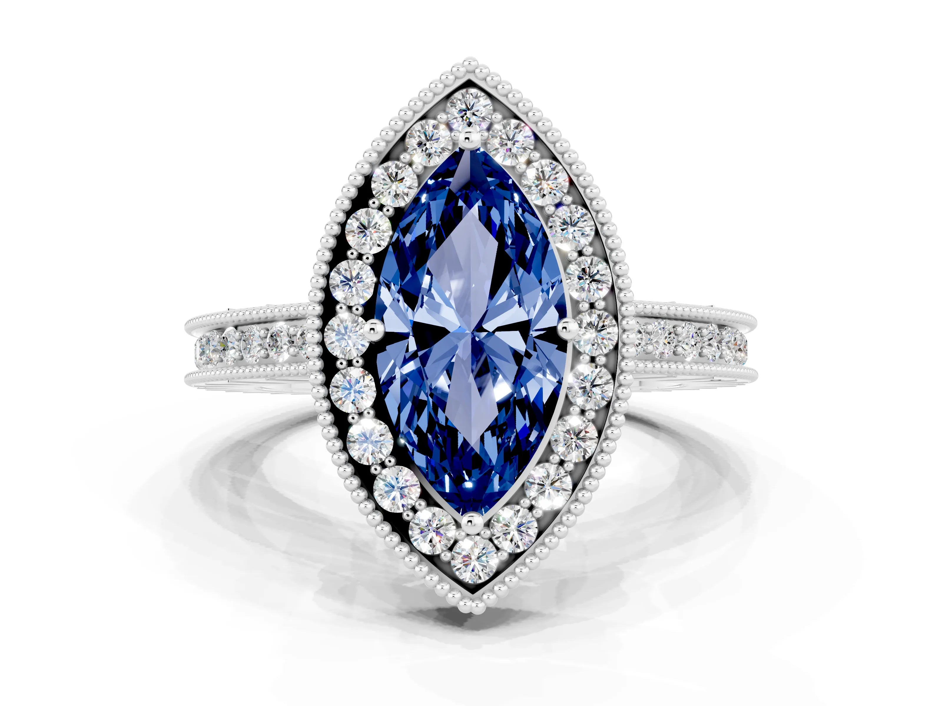 White gold Marquise Cut Halo Diamond Engagement Ring with Milgrain Pave Band and Four-Prong Setting