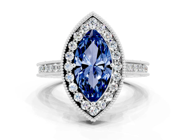 Silver Marquise Cut Halo Diamond Engagement Ring with Milgrain Pave Band and Four-Prong Setting