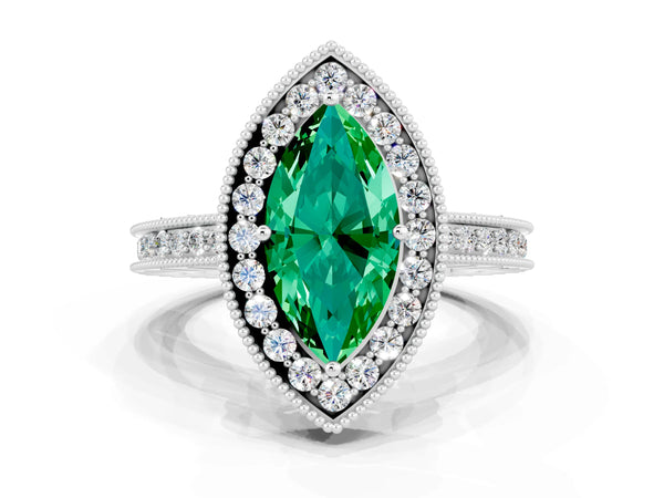 Platinum Marquise Cut Halo Diamond Engagement Ring with Milgrain Pave Band and Four-Prong Setting