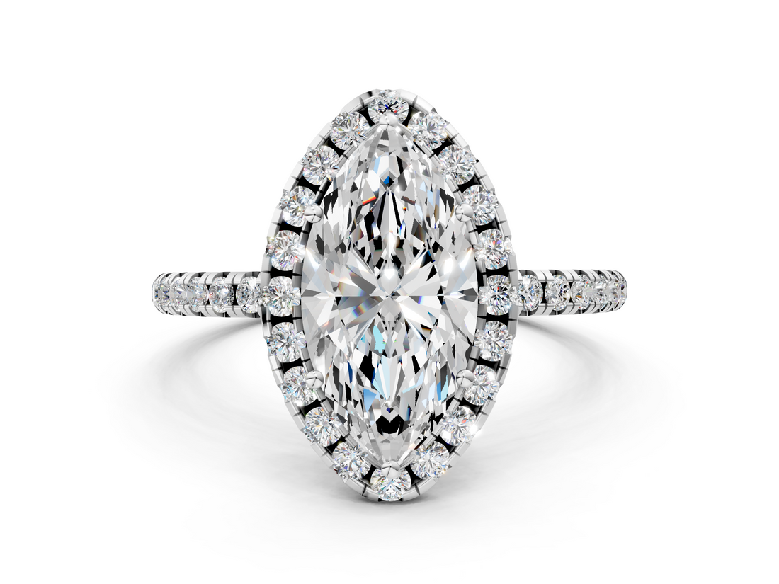 White gold Marquise Cut Halo Diamond Engagement Ring with Pave Band and Four-Prong Setting_21