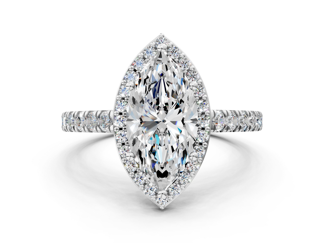 White gold Marquise Cut Halo Diamond Engagement Ring with Pave Band and Four-Prong Setting_57