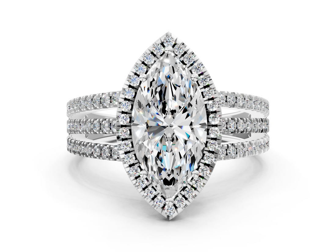 White gold Marquise Cut Halo Diamond Engagement Ring with Split Shank and Four-Prong Setting_26
