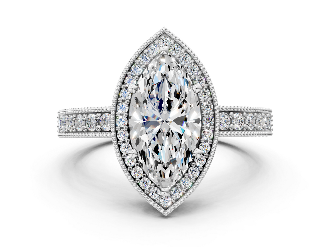 White gold Marquise Cut Halo Diamond Pave Band Ring with Four-Prong Setting_104