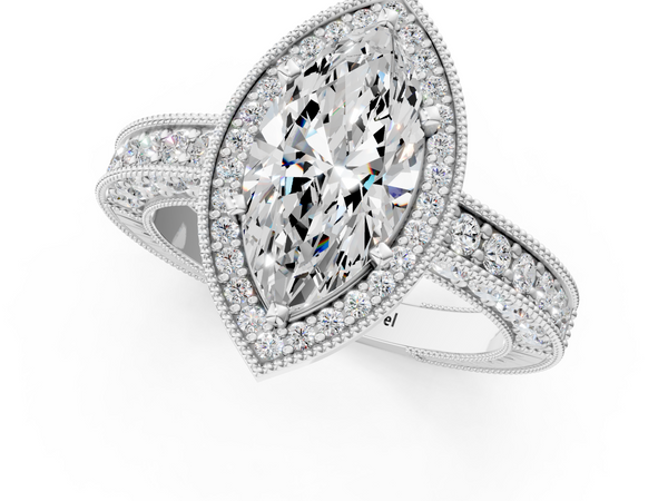 White gold Marquise Cut Halo Diamond Pave Band Ring with Four-Prong Setting
