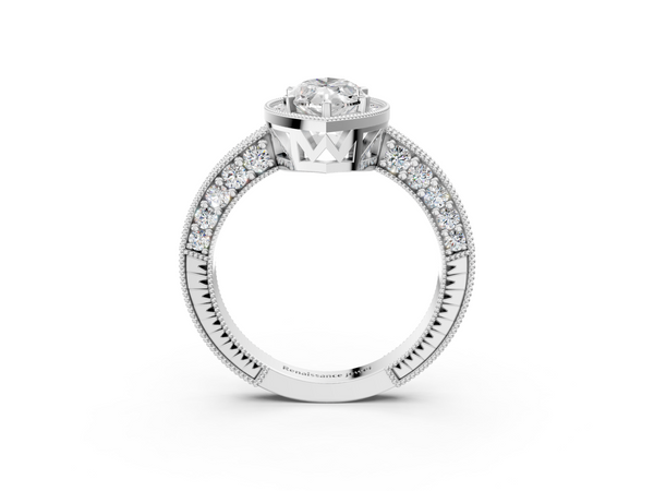 White gold Marquise Cut Halo Diamond Pave Band Ring with Four-Prong Setting