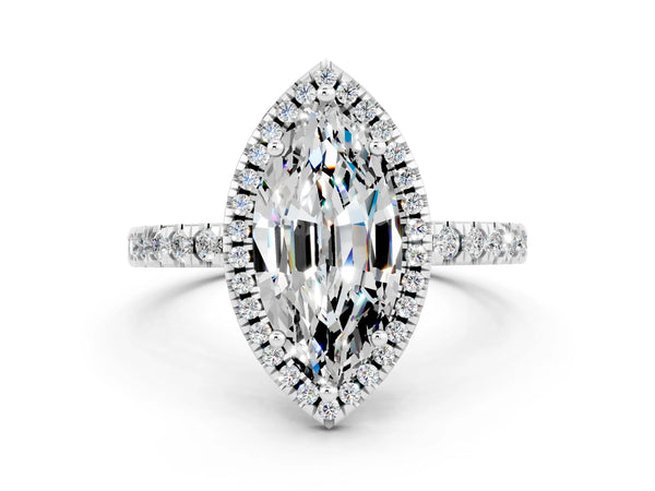 Platinum Marquise Cut Moissanite Classic Halo Engagement Ring with Round Pavé Band and Prong Setting