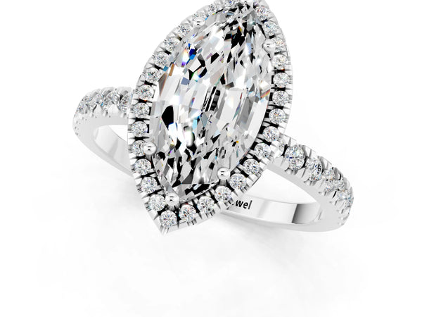 Platinum Marquise Cut Moissanite Classic Halo Engagement Ring with Round Pavé Band and Prong Setting