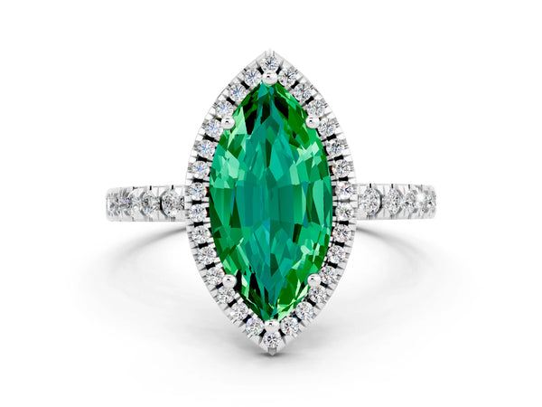 Silver Marquise Cut Emerald Classic Halo Engagement Ring with Round Pavé Band and Prong Setting