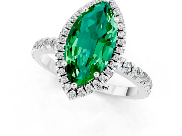 Silver Marquise Cut Emerald Classic Halo Engagement Ring with Round Pavé Band and Prong Setting