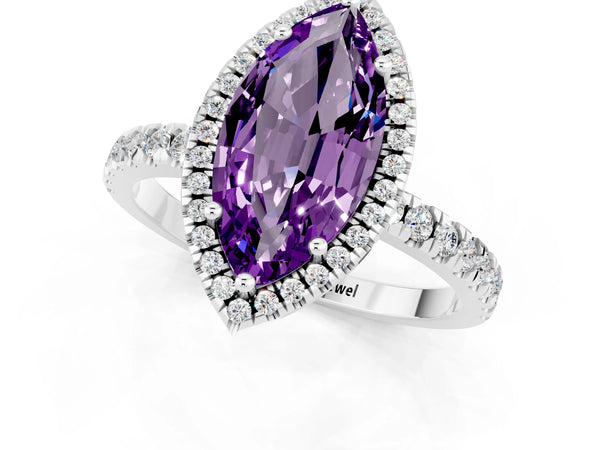 Platinum Marquise Cut Amethyst Classic Halo Engagement Ring with Round Pavé Band and Prong Setting