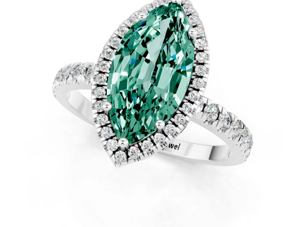 Silver Marquise Cut Green Sapphire Classic Halo Engagement Ring with Round Pavé Band and Prong Setting