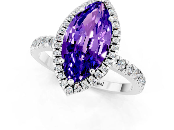 White gold Marquise Cut Tanzanite Classic Halo Engagement Ring with Round Pavé Band and Prong Setting