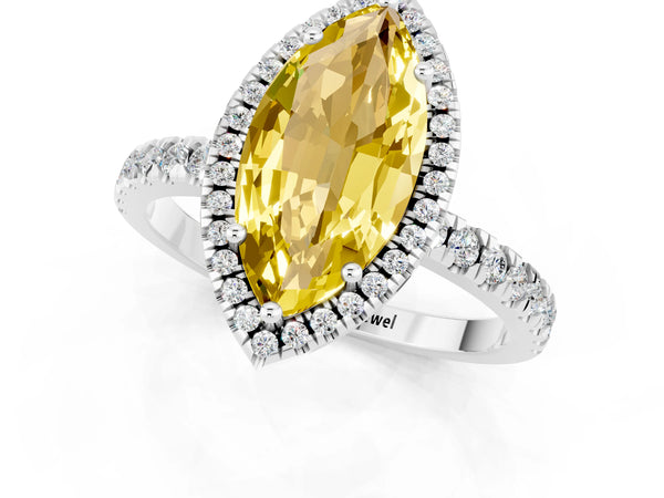 Silver Marquise Cut Yellow Sapphire Classic Halo Engagement Ring with Round Pavé Band and Prong Setting