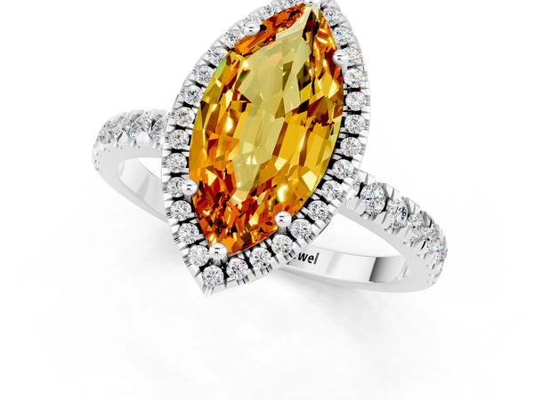 White gold Marquise Cut Citrine Classic Halo Engagement Ring with Round Pavé Band and Prong Setting