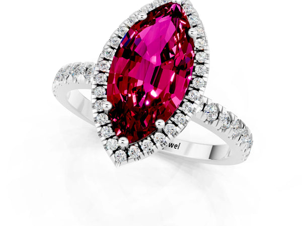 Silver Marquise Cut Garnet Classic Halo Engagement Ring with Round Pavé Band and Prong Setting