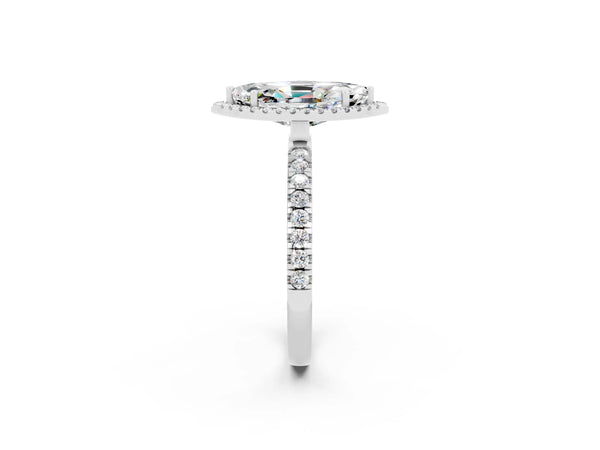 Platinum Marquise Cut Moissanite Classic Halo Engagement Ring with Round Pavé Band and Prong Setting