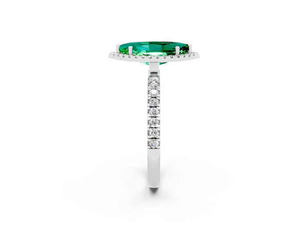 Silver Marquise Cut Emerald Classic Halo Engagement Ring with Round Pavé Band and Prong Setting