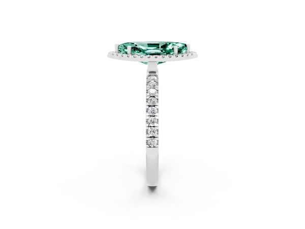 White gold Marquise Cut Green Sapphire Classic Halo Engagement Ring with Round Pavé Band and Prong Setting
