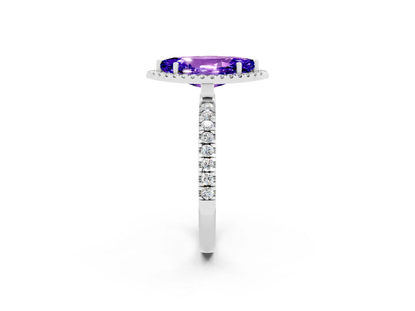 Silver Marquise Cut Tanzanite Classic Halo Engagement Ring with Round Pavé Band and Prong Setting