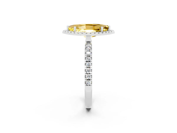 Platinum Marquise Cut Yellow Sapphire Classic Halo Engagement Ring with Round Pavé Band and Prong Setting