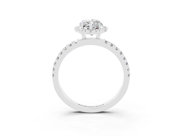 Platinum Marquise Cut Moissanite Classic Halo Engagement Ring with Round Pavé Band and Prong Setting