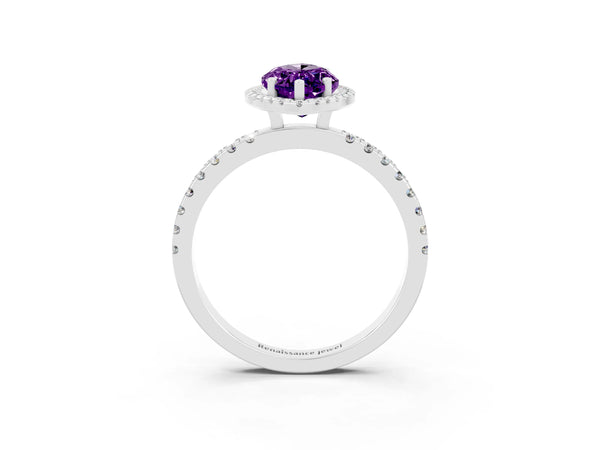 Platinum Marquise Cut Amethyst Classic Halo Engagement Ring with Round Pavé Band and Prong Setting