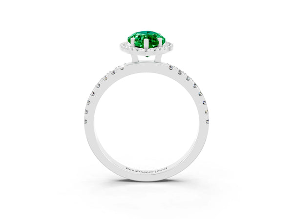 Platinum Marquise Cut Emerald Classic Halo Engagement Ring with Round Pavé Band and Prong Setting