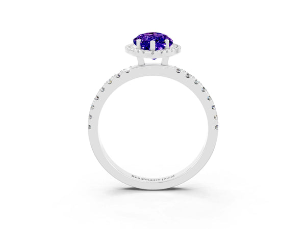 Platinum Marquise Cut Tanzanite Classic Halo Engagement Ring with Round Pavé Band and Prong Setting