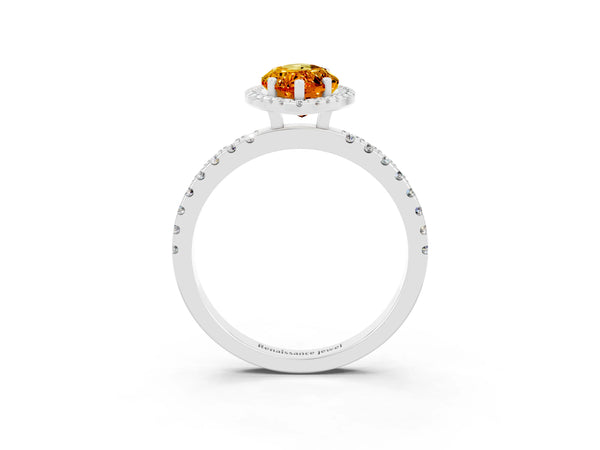Platinum Marquise Cut Citrine Classic Halo Engagement Ring with Round Pavé Band and Prong Setting