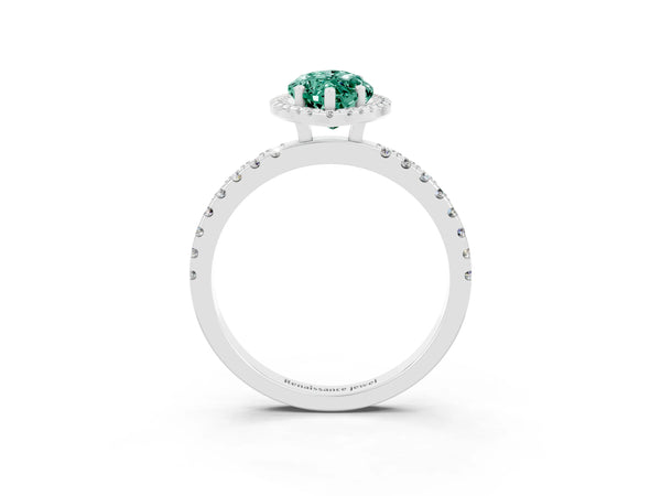 Silver Marquise Cut Green Sapphire Classic Halo Engagement Ring with Round Pavé Band and Prong Setting