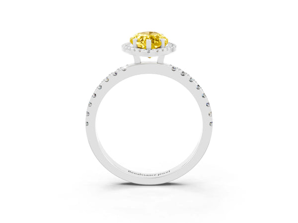 White gold Marquise Cut Yellow Sapphire Classic Halo Engagement Ring with Round Pavé Band and Prong Setting