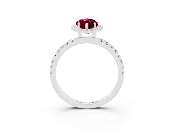 White gold Marquise Cut Garnet Classic Halo Engagement Ring with Round Pavé Band and Prong Setting