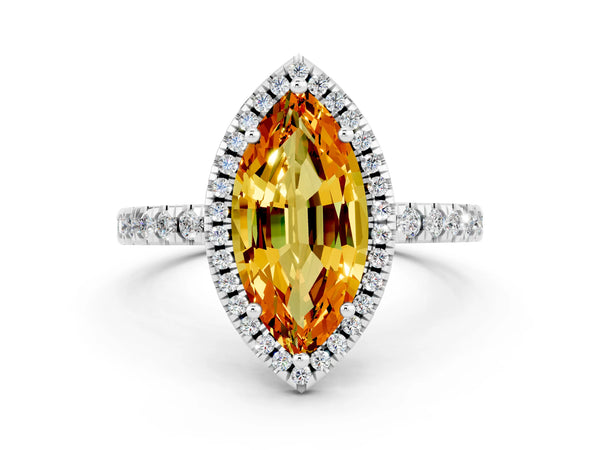 Silver Marquise Cut Citrine Classic Halo Engagement Ring with Round Pavé Band and Prong Setting