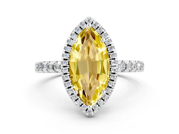 White gold Marquise Cut Yellow Sapphire Classic Halo Engagement Ring with Round Pavé Band and Prong Setting