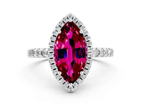White gold Marquise Cut Garnet Classic Halo Engagement Ring with Round Pavé Band and Prong Setting