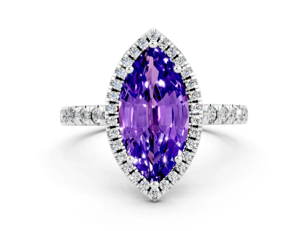 Silver Marquise Cut Tanzanite Classic Halo Engagement Ring with Round Pavé Band and Prong Setting